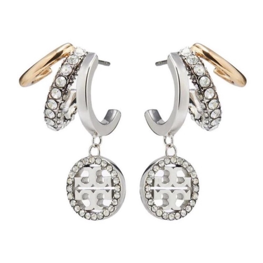 NWOT Tory Burch Icon Pave Triple Hoop Earrings